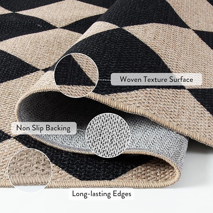 Lahome Checkered Easy Jute 3x5 Entryway Front Porch Rug, Black Diamond Indoor Outdoor Patio Layering Rug, Washable Farmhouse Neutral Non Slip Non Shedding Door Carpet for Backyard Blacony