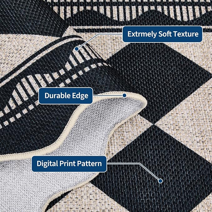 Garvee Easy Jute 2x6 Scalloped Kitchen Rugs Washable Rugs，Black/White | Indoor Outdoor Washable Rugs for Living Room Low Pile Floor Cover for Entryway Stain Resistant Indoor Carpet for Hallway