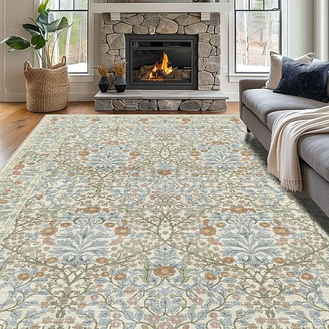 Vintage Beige Blue Living Room Rug, 9x12 Washable Area Rugs for Dining Room Under Table, Soft Low Pile Large Carpet Bedroom, Non-Slip Boho Floral (9 x 12 Beige Blue)