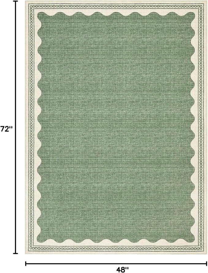 GarveeHome Scalloped 4x6 Rug Non-Slip Washable Low-Pile Carpet - Solid Sage Green Modern Rugs for Bedroom Living Room Nursery Kitchen Entryway Indoor Mat with Rubber Back