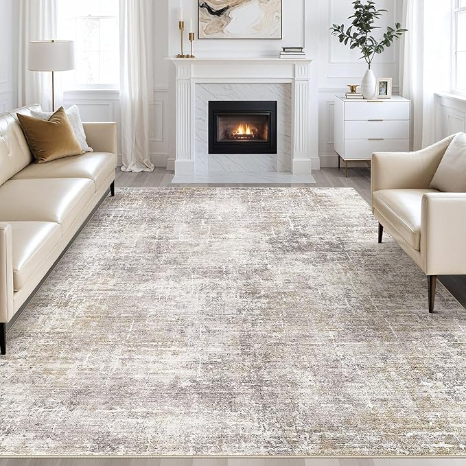 kakania 8x11 Washable Area Rug - Abstract Soft Non-Slip Modern Low-Pile Carpet for Living Room Bedroom Office Dorm, Kid Pet Safe Robot Vacuum Friendly - Brown Gold | Soft, Non-Slip, Low-Pile, Pet & Kid Friendly - Large Modern Home Decor Carpet for Bedr...