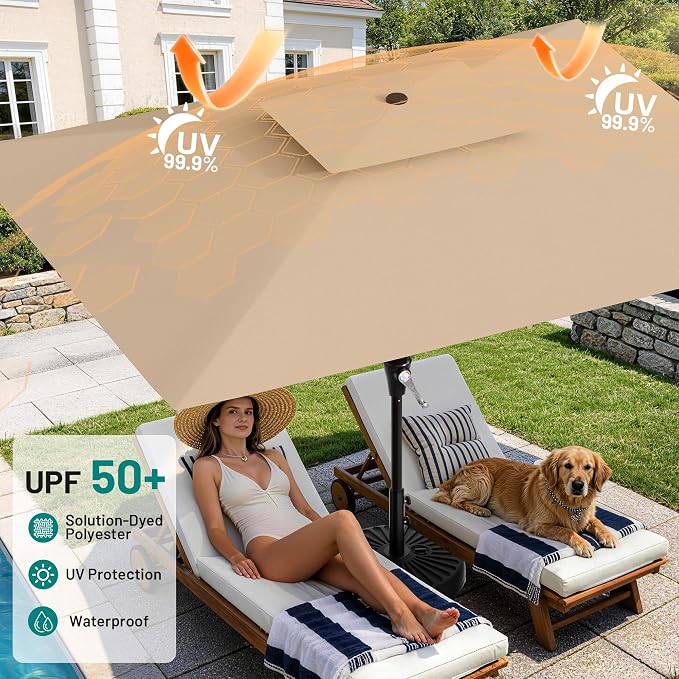 AreShark 8'x10' 2 Tiers Rectangular Patio Umbrella - Outdoor Umbrella Waterproof UV Protection, Market Table Umbrella w/Crank for Pool, Backyard, Deck(Beige)