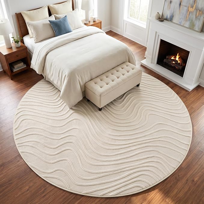Etwel 6.5 ft Beige Modern Wavy Textured High-Low Pile Washable Round Rug | Soft Carpet, Non-Slip PVC Backing, Low Profile, Kid and Pet Friendly, for Living Room, Bedroom, Dining Room, Nursery