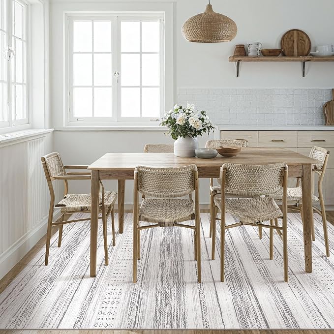 Area Rug Living Room Rugs - 10x14 Washable Large Soft Neutral Boho Moroccan Bohemian Farmhouse Rug Indoor Floor Carpet for Bedroom Under Dining Table Home Office Decor - Light Grey