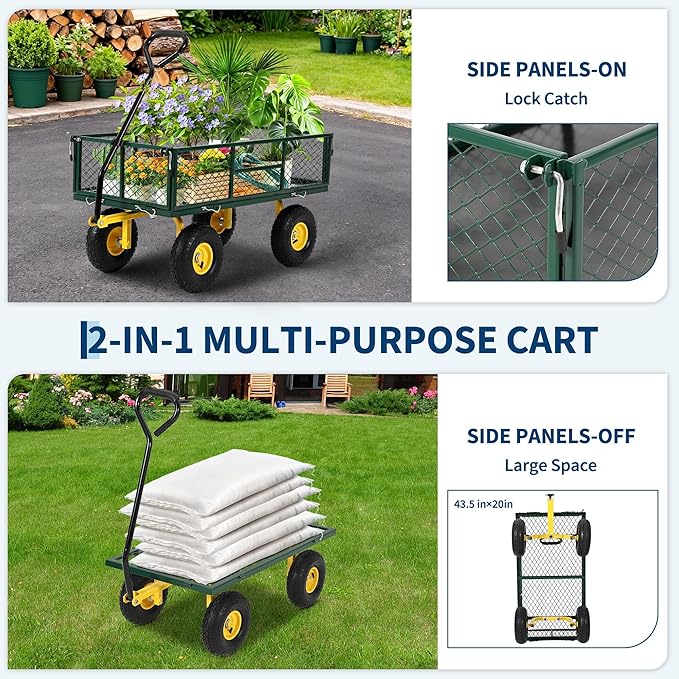 Garvee 900 LB Garden Cart, Heavy Duty Metal Utility Garden Wagon, Green | 13 in All Terrain Tires, 4-in-1 Yard Wagon Cart with Removable Side Panels for Outdoor Lawn, Yard, Backyard