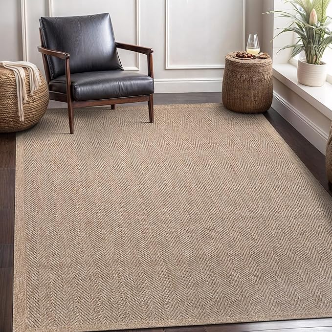 CAMILSON Easy Jute Rug 5x7, Indoor Outdoor Natural Color Fiber Area Rugs for Living Room Patio and Bedroom Rug Herringbone Seagrass Woven Design Easy-Cleaning, Washable Outside Carpet Alfombras 5 x 7
