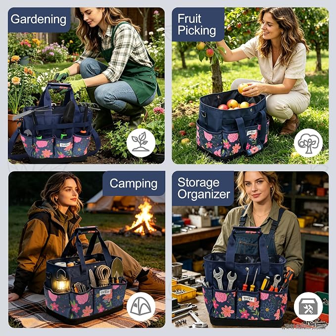 Garden Tool Bag with Hard Bottom, Multi-Pockets Gardening Tote with Shoulder Strap, for Women Outdoor Yard Plant Work Gift (Tools Not Included) (Blue Floral)