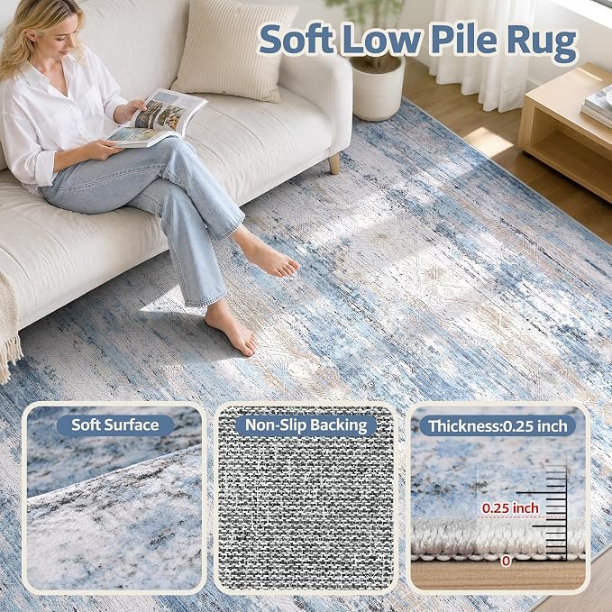 9x12 Washable Area Rug Modern Abstract for Living Room Bedroom Blue | Soft Indoor Carpet,Anti-skid Backing,Water Repellent,Non-shedding, Suitable for bedroom dining farmhouse nursery home office