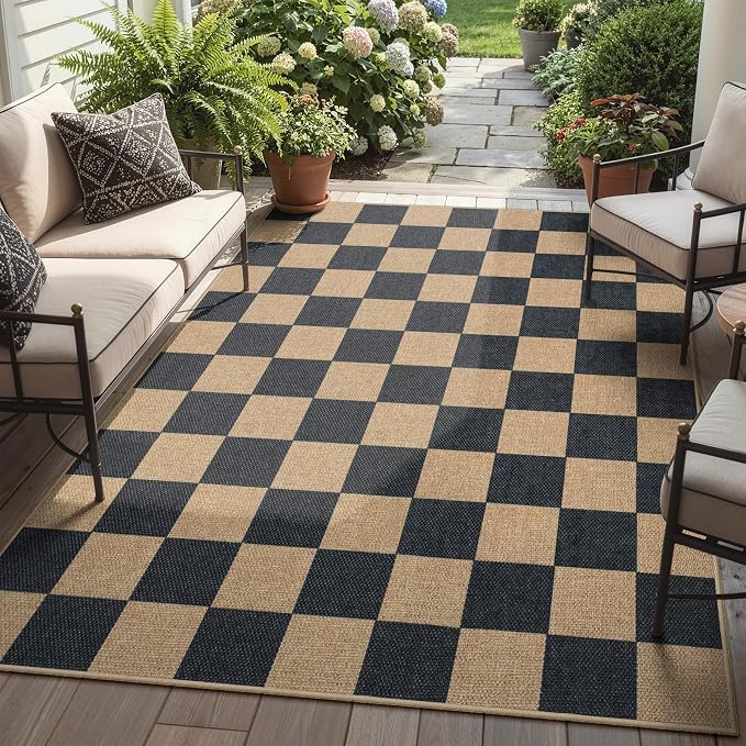 Lahome Checkered Easy Jute Area Rug, 5x7 Outdoor Patio Rug Washable Carpet for Living Room Checkerboard Indoor Outdoor Carpet, Farmhouse Geometric Non Slip Black Mat for Backyard Dining Room