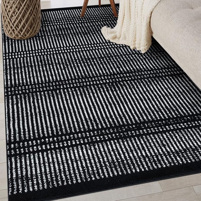 Rugshop Contemporary Stripe Lines High Traffic Area Rug Black 5' x 7' | Rectangular, Size 5' x 7', Living Room, Bedroom, Dining Room, Home Office, Kitchen, Entryway, Hallway, Nursery, Kids Room