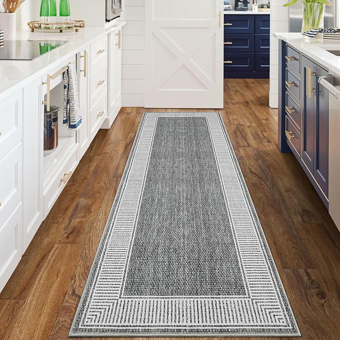 GarveeHome Hallway Runner Rug 2x10 Washable Non Slip Kitchen Runner Carpets | Stain Resistant Modern Bordered Grey Rugs for Bathroom Living Room Bedroom, Grey