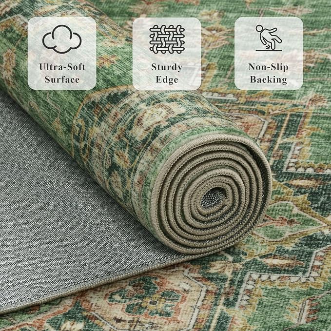 Area Rug 2x3 Entryway Rug Soft Washable Low Pile Vintage Doormat | Non Slip, Low Pile, Lightweight Carpet, Stain-Resistant Small Rug, Vintage Green for Entrance, Kitchen, Bedroom, Living Room