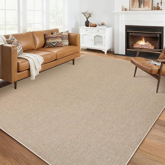 Garvee Large Washable Rug 9x12 Modern Solid Rugs for Living Room Tan | Non Slip Woven Textured Bedroom Rug Ultra-Thin Non-Shedding Farmhouse Carpet Neutral Foldable Throw Rugs for Bedroom Office