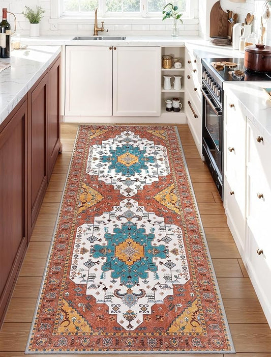 SERISSA 2x6 Washable Non Slip Boho Runner Rug for Hallway，Orange | Ultra Soft Vintage Oriental Carpet Low-Pile Distressed Tribal Floor Carpet for Kitchen Bedroom Bathroom Laundry Living Room