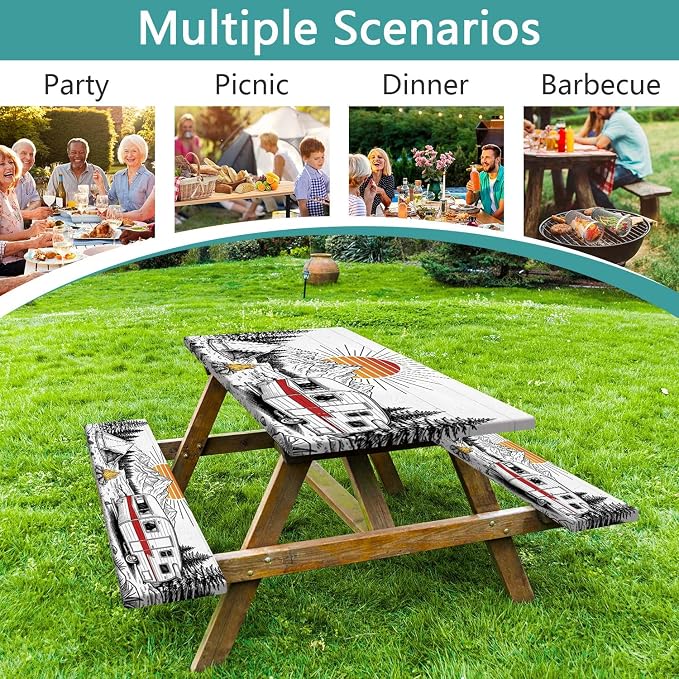 Picnic Table and Bench Covers Set Camping Essentials - Vintage Retro Mountain Camper Waterproof Windproof Tablecloth, Camping Accessories with Drawstring Bag Fits for Camping Picnic, 30X96 inch