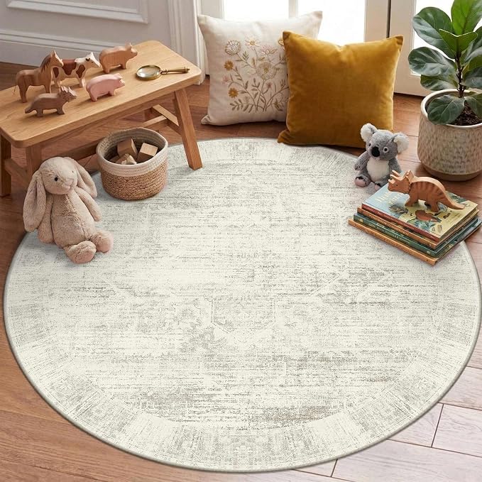 Latte&Fog 4ft Round Area Rug forBedroom Washable Circle Neutral Ivory Rug | Non Slip Low Pile Soft Floral Small Carpet for Kids Playroom Nursery Classroom Dorm Decor Dining Kitchen Farmhouse Office