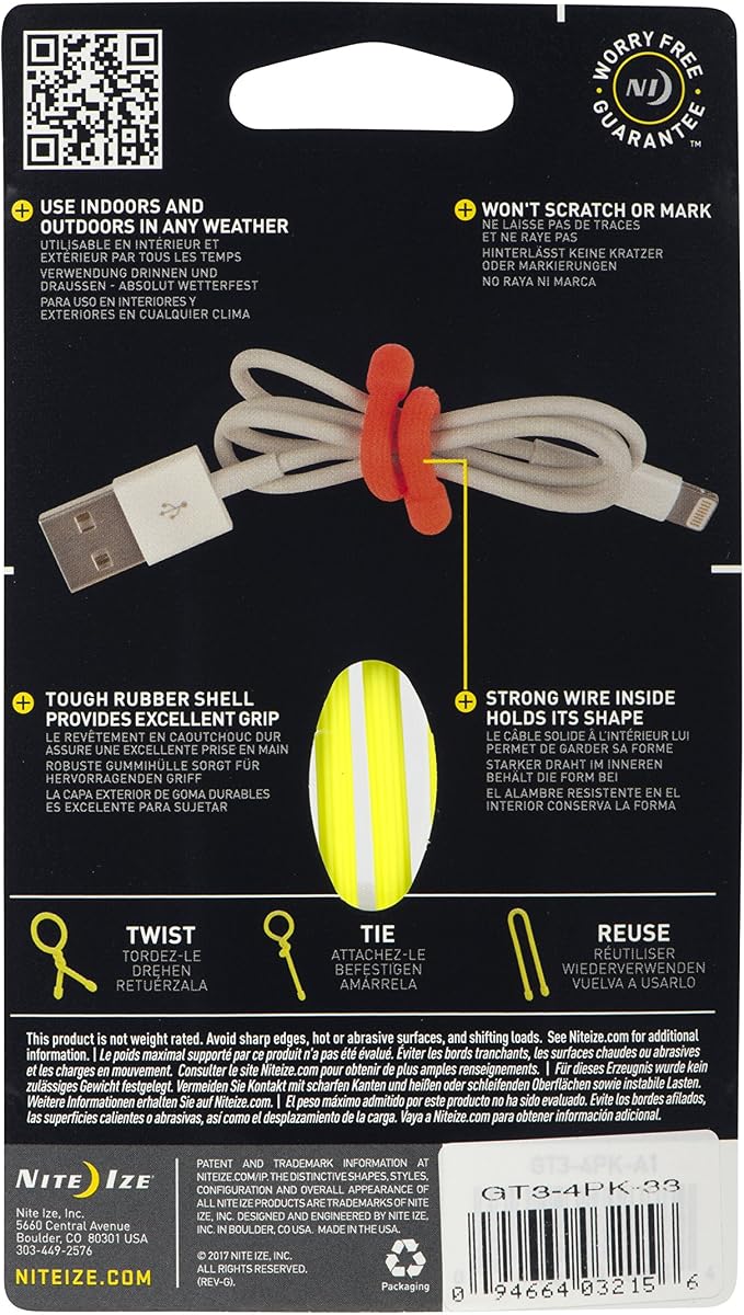 Nite Ize GT3-4PK-33 Original Gear Tie, Reusable Rubber Twist Tie, 3-Inch, Neon Yellow, 4 Pack, Made in the USA