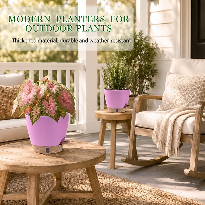 Self Watering Pots for Inoor Ourdoor Plants 8/7/6.5/6/5 Inch Plastic Planters with Drainage Holes & Water Level Indicator, Decorative House Flower Nursery Planting Pots with Saucers (Dusty Rose/Pink)