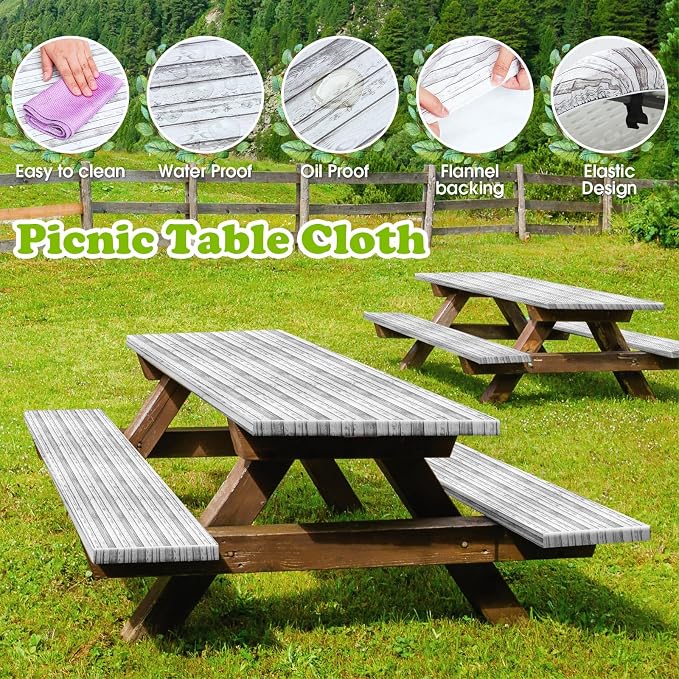 Boao 3 Pcs Vinyl Picnic Table Cover with Bench Cover 6 ft 30 x 72 Inch Waterproof Fitted Tablecloth Flannel Backing Rectangular Elastic Edged for Camping Outdoor Patio Travel(Birch)