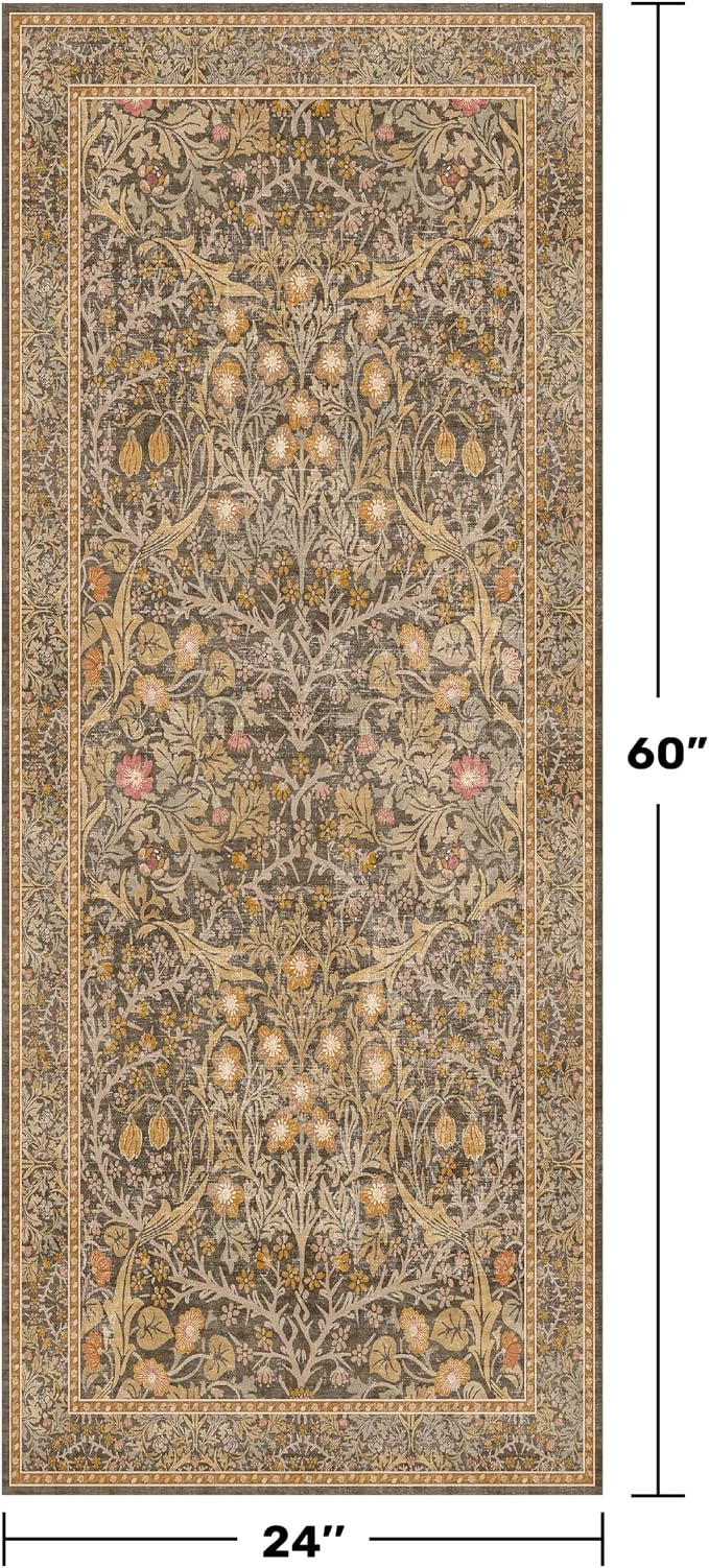 Non Slip 2x5 Gold Brown Bathroom Runner Rug - Small Runner Rugs, Washable Kitchen Floor Mat, Bedroom, Laundry Room, Hallway Runner - Vintage Oriental Décor