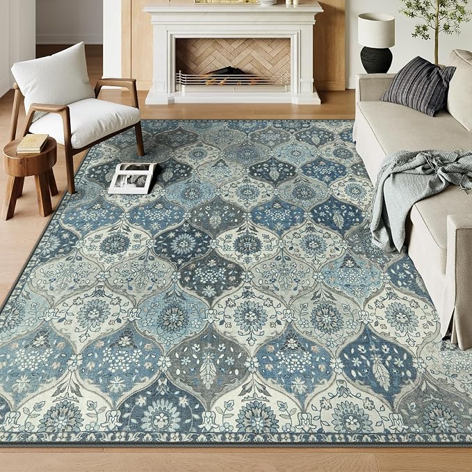Lahome Moroccan 8x10 Area Rugs for Living Room, Soft Washable Rugs 8x10 | Ultra-Thin Oriental Non-Slip Non Shedding Accent Carpet for Bedroom Dining Room Office Nursery Elise, Blue