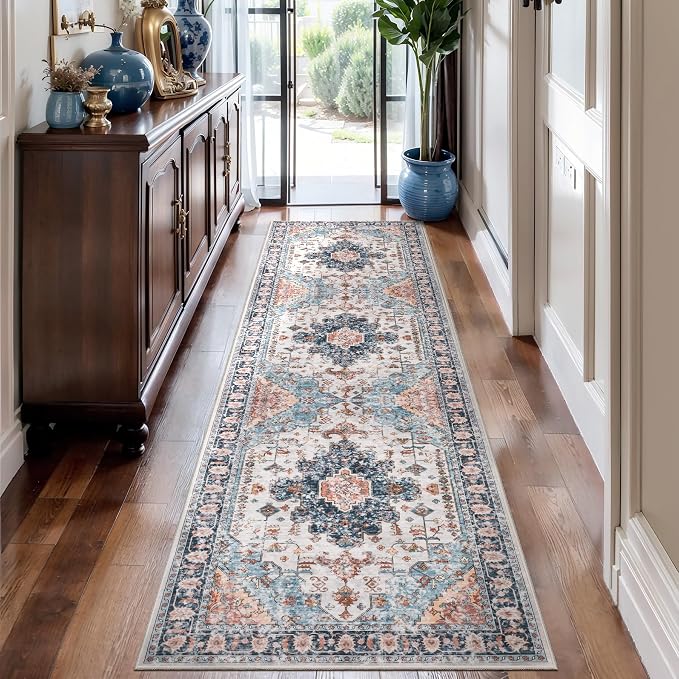 Tangsoo 2.6x8 Washable Runner Rug for Hallways, Non Slip Vintage Runners | Oriental Soft Low Pile Long Runner, Boho Carpet Runners for Kitchen Bedroom Entryway Bathroom Living Room Blue/Orange Decor