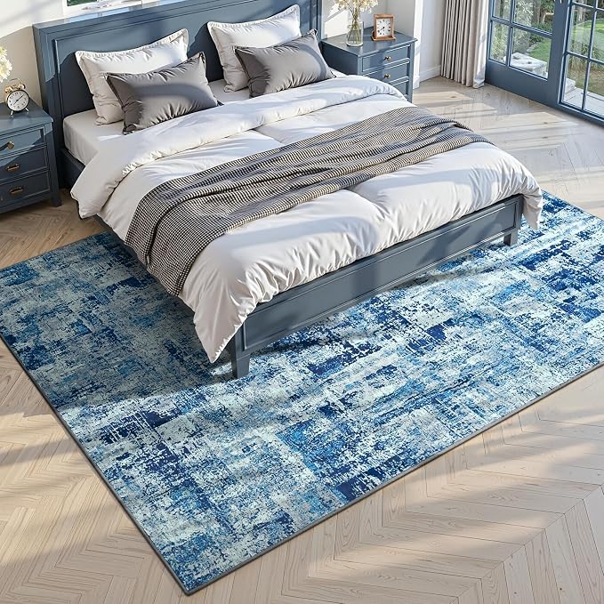 Toneed Washable 5x7 Area Rug with Non-Slip Backing for Living Room | Abstract Modern Rugs, Soft Low Pile Carpet for Bedroom Kitchen Dining Room Nursery Indoor Floor Office Home Decor, Denim Blue