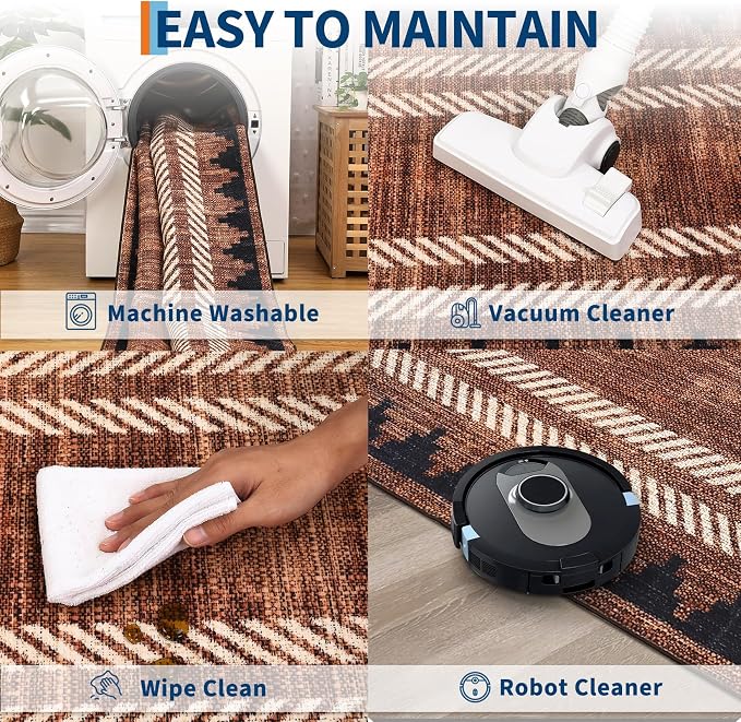 GarveeHome Modern Geometric Runner Rug 2x6 Washable Hallway Runner Rugs Brown Unique Bordered Neutral Bathroom Rug Non Slip, Non Shedding Kitchen Mat, Soft Low Pile Neutral Carpet for Laundry