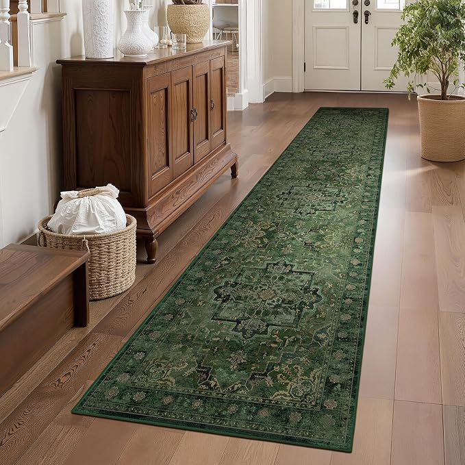 Dark Green 3x10 Long Hallway Runner Rug, Vintage Distressed Medallion Carpet Runners for Entryway, Low Pile Thin Runner Rug Non Slip Washable for Kitchen/Mudroom/Foyer/Bedroom