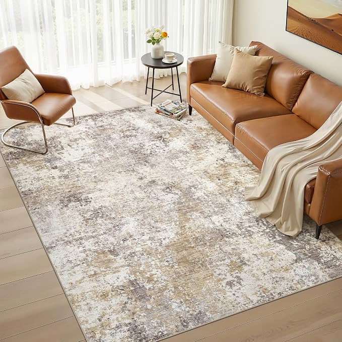 Nakagishi 5x7 Abstract Washable Area Rugs for Living Room-Golden Brown | Modern Non-Slip Silicone Backing Low Pile Soft Carpet for Bedroom Dining Decor for Families with Kids and Pets