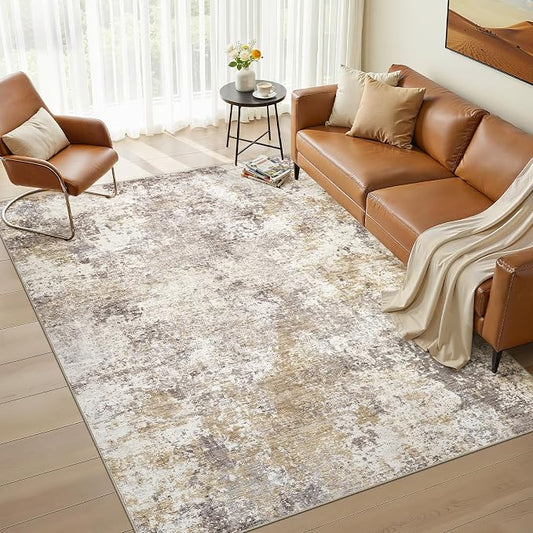 Nakagishi 5x7 Abstract Washable Area Rugs for Living Room-Golden Brown | Modern Non-Slip Silicone Backing Low Pile Soft Carpet for Bedroom Dining Decor for Families with Kids and Pets