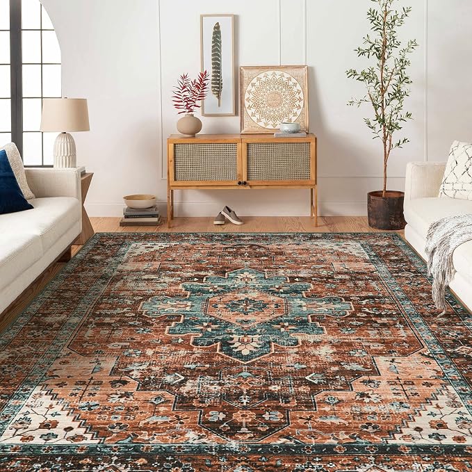 Moynesa 8x10 Ultra-Thin Vintage Area Rug - Oriental Print for Bedroom, Living Room, Under Table, Office, Entryway - Brick Red/Dull Teal