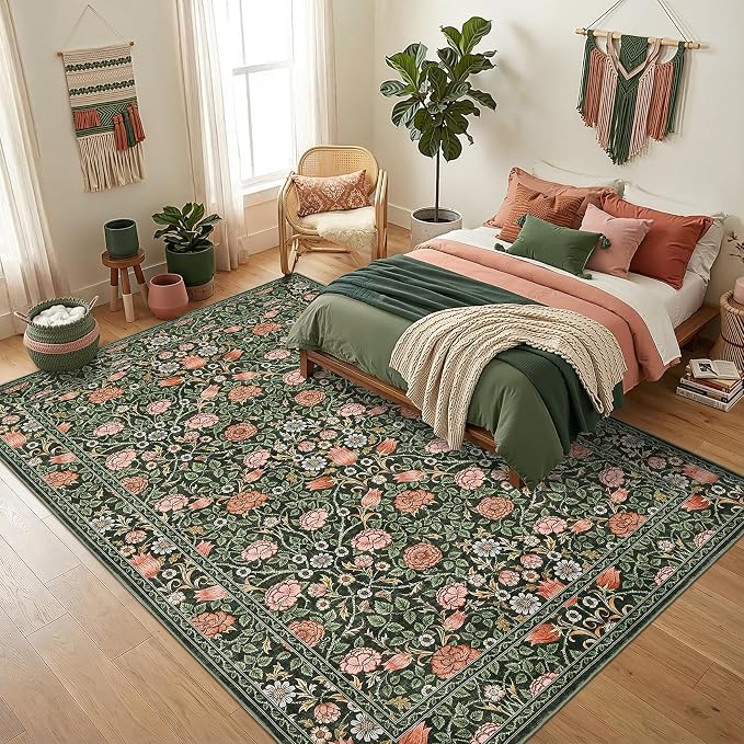 GarveeHome Dark Green Floral Washable Rug 5x7 for Bedroom Living Room | Nursery Dorm Office Rug Vintage Boho Rugs Low-Pile Non-Slip Stain Resistant TPE Backing