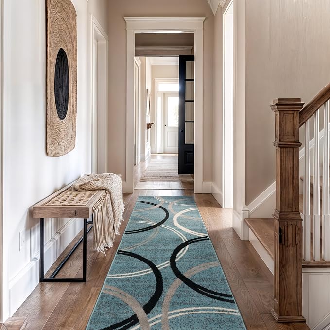 Rugshop Wavy Circles Modern Jute Backing Runner Rug Blue 2'7" x 10' | Rectangular, Size 2'7" x 10', Living Room, Bedroom, Dining Room, Home Office, Kitchen, Entryway, Hallway, Nursery, Kids Room