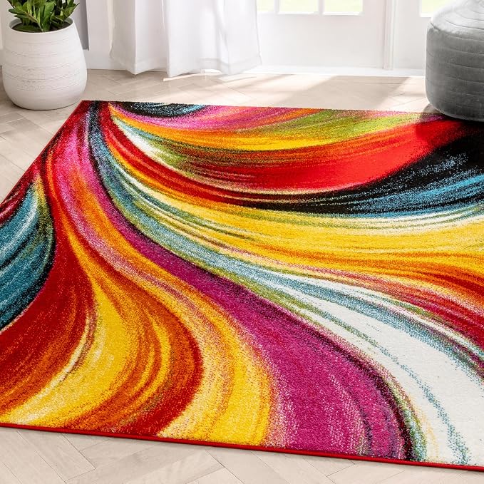 Well Woven Aurora Multi Red Yellow Orange Swirl Lines Modern Geometric Abstract Brush Stroke Area Rug(5'3inx7'3in)Easy Clean Stain Resistant Shed Free Contemporary Painting ArtStripe Thick Soft Plush
