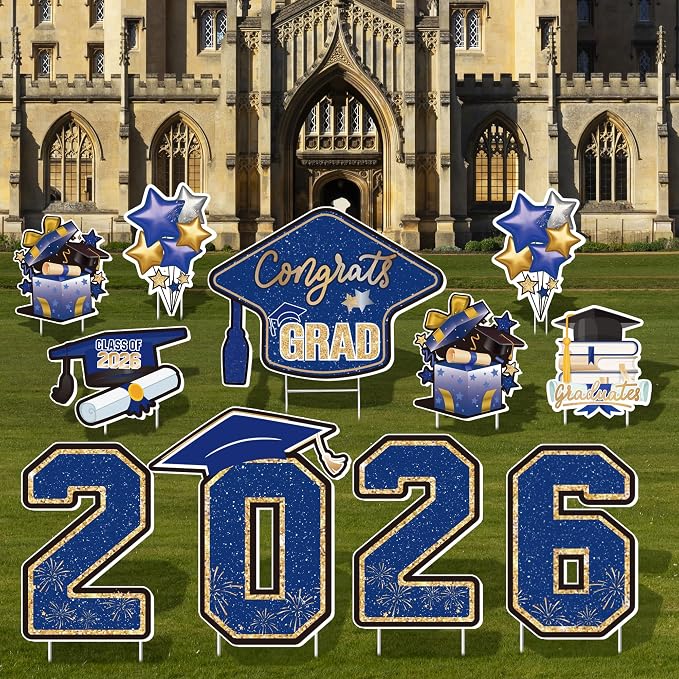 Large 11 PCS Graduation Yard Signs, Class of 2026 Congrats Grad Outdoor Lawn Yard Sign with Stakes, Graduate Yard Decorations for College High School Party, Blue and Gold