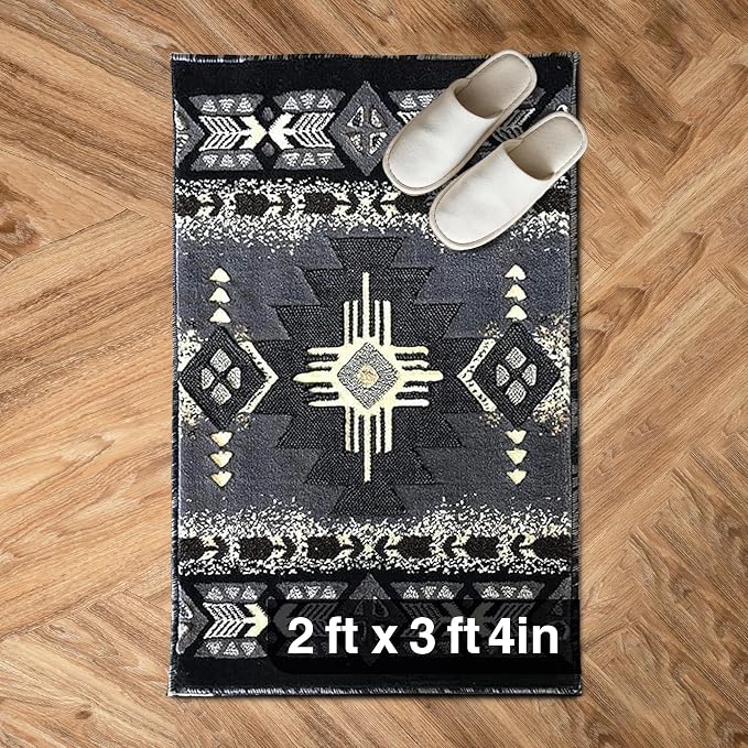YHSF Southwest Native American Area Rug – Thick, Soft, Durable & Easy to Maintenance Tribal Design Boho Rug– Ideal for Bedroom, Living Room & Hallway - Grey, 2 Feet x 3 Feet 4 Inches