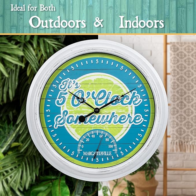 La Crosse Technology 433-3841MV2T 15.75" Indoor/Outdoor Quartz Clock with Temp-Margaritaville It’s 5 O’Clock Somewhere