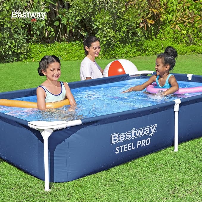 Bestway Steel Pro 87 Inch x 59 Inch x 17 Inch Rectangular Metal Frame Above Ground Outdoor Backyard Swimming Pool, Blue (Pool Only)