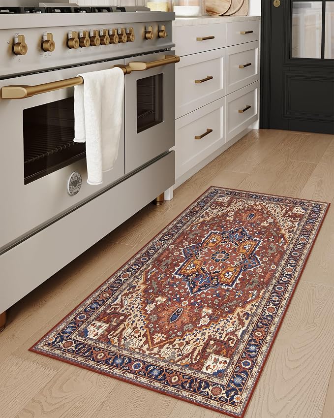Moynesa Ultra-Thin Washable Kitchen Rugs, 2x4 Small Entryway Rug Door Mat Non Slip Stain Resistant, Oriental Throw Rug for Front Indoor Entrance Bathroom Laundry Room, Brown/Multi