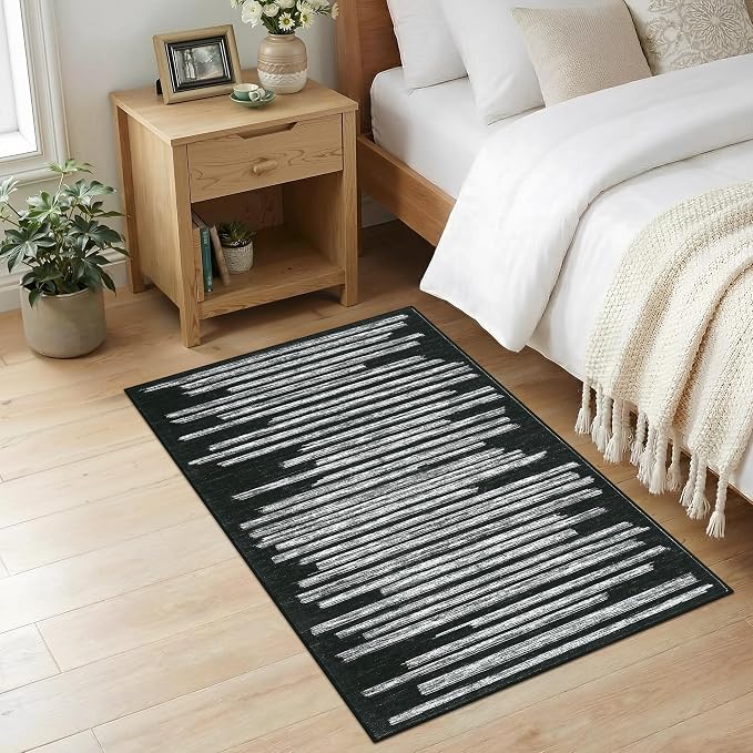 GarveeHome Black 2x3 Small Area Rug for Entryway Machine Washable Non Slip | Modern Striped Soft Bedroom Carpet Geometric Stain Resistant Low Pile Doormat for Kitchen Hallway Laundry Room