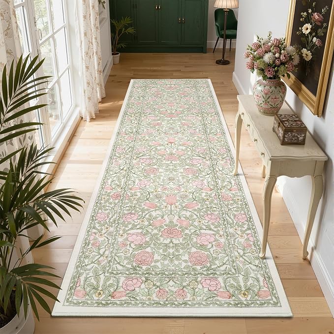 GarveeHome Pink Green Beige Floral 2x6 Kitchen Runner Rug for Hallways | Washable Entryway Bedroom Bathroom Girls Dorm Rug Vintage Boho Rugs Low-Pile Non-Slip Stain Resistant TPE Backing