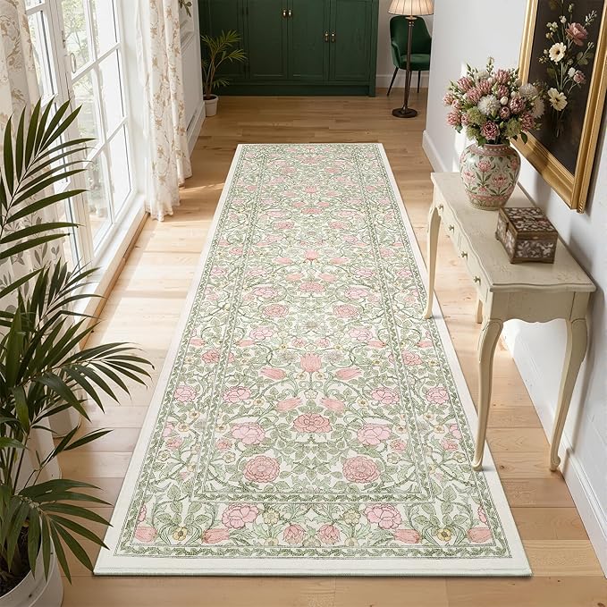 GarveeHome Pink Green Beige Floral 2.5x8 Runner Rug for Kitchen Hallways | Washable Entryway Bedroom Bathroom Girls Dorm Rug Vintage Boho Rugs Low-Pile Non-Slip Stain Resistant TPE Backing