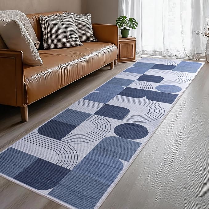 Soft Modern Geometric Abstract Machine Washable 2x6 Runner Rug | Blue Rugs for Bedroom Living Room, Non-Shedding Faux Wool Indoor Throw Floor Carpet for Office Entryway Dining Room Decor