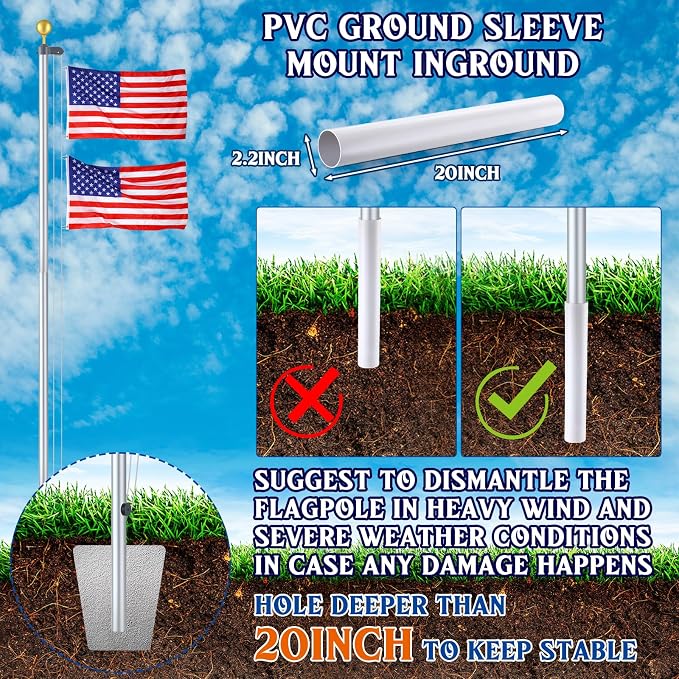 FuWeave Flagpoles for Outside House in Ground 25 ft Sectional Flag Pole Kit Extra Thick 16 Gauge Heavy Duty Aluminum Flag Pole with Gold Ball Top for Residential or Commercial (Silver)