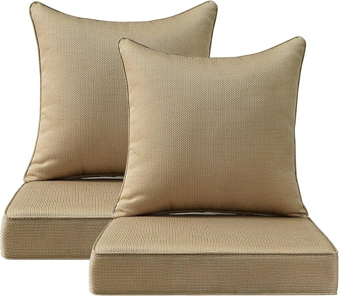Unimatta Outdoor Patio Chair Cushions Set, 24" x 24"(24x24 Back), Set of 2, Water-Repellent, Fade Resistant, Deep Seat Bottom and Back Cushion for Backyard, Couch, Sofa, Natural Beige Lattice