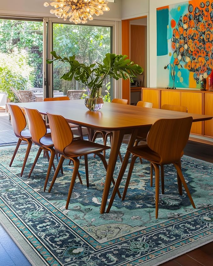 RELEANY Washable Area Rug, Large 10'x12', Teal | Non-Slip, Water Repellent, Pet Friendly, Easy to Clean, Vintage Floral Boho Decor for Living Room Bedroom Dining Room