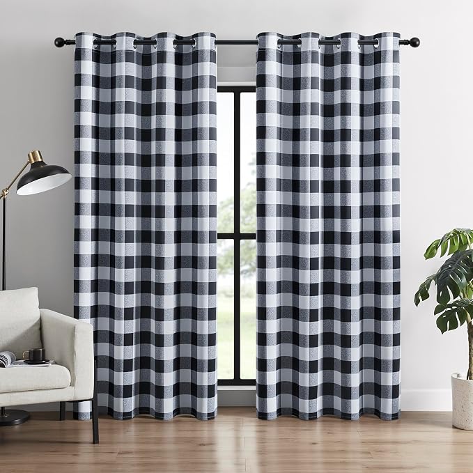 Black and White Buffalo Plaid 100% Blackout Curtains for Bedroom/Living Room, Energy Saving & Privacy, Noise Reducing, Grommet, W52×L96, 2 Panels