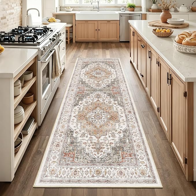 3x7 Vintage Runner Rug Low Pile Non-Slip Washable Kitchen Rug | Retro Distressed Print Rug Orange Gray Carpet Stain Resistant Non-Shedding Long Rug for Hallway Kitchen Bedroom Laundry Room