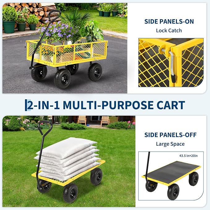 900 Lbs Heavy Duty Steel Garden Cart, Garden Wagon Cart on Wheels, Outdoor Metal Yard Utility Wagon Carts with and Mesh Removable Sides and 180°Rotating Handle,Red